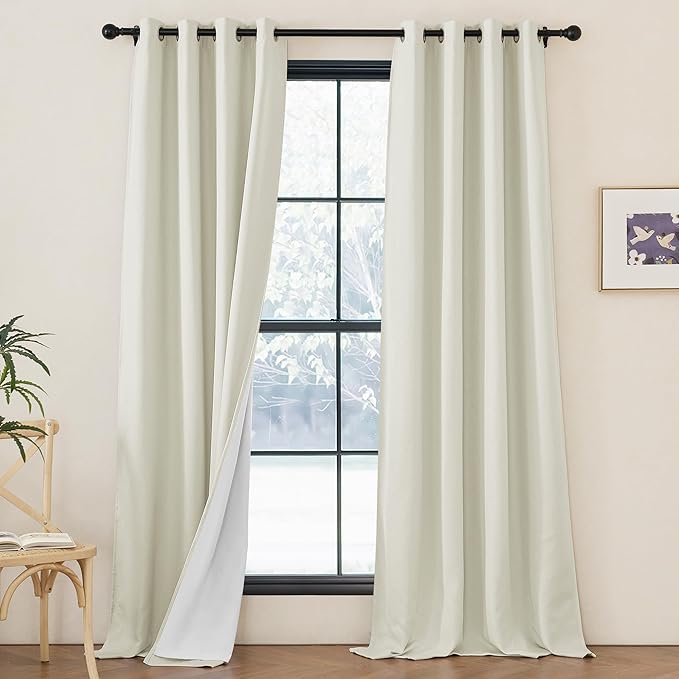 NICETOWN Faux Linen 100% Blackout 90 inch Curtains, Silver Grommet Thermal Insulated 2 Layers Window Treatments Sound Dampening for Living Room/Bedroom, Natural, W52 x L90, 2 Panels by NICETOWN