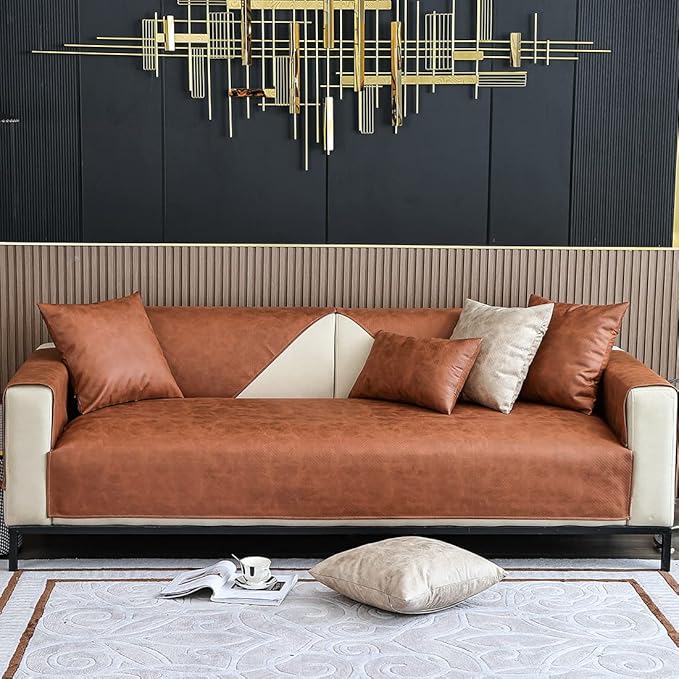 Faux Leather Waterproof Couch Sofa Cover Vintage PU Sectional Couch Cover Non Slip Sofa Slipcover Furniture Protector for Kids Dogs Cats (Brown,43"x63") - Image 2