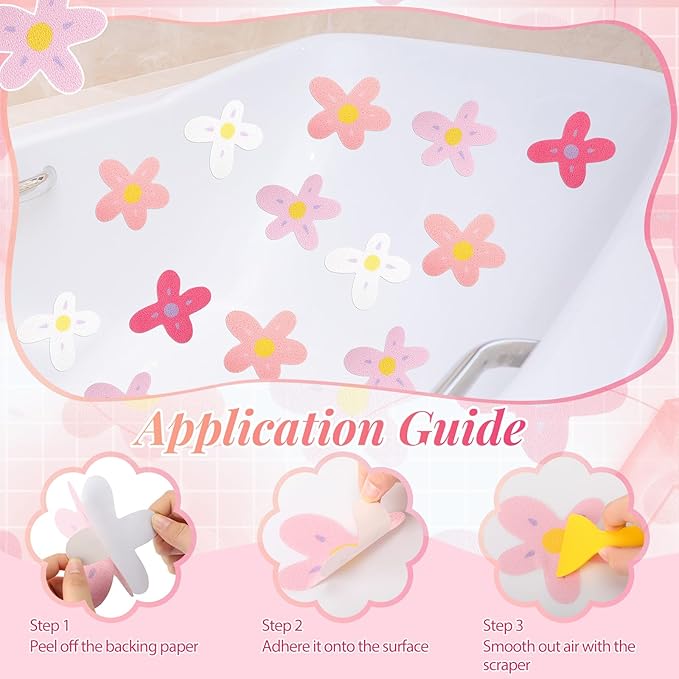 32 Pcs Cute Non Slip Bathtub Stickers for Shower Colorful Bathroom Anti Slip Shower Stickers Floor Applique Adhesive Decals with Scraper for Bathtub Bathroom Floor Pools (Flower) - Image 4