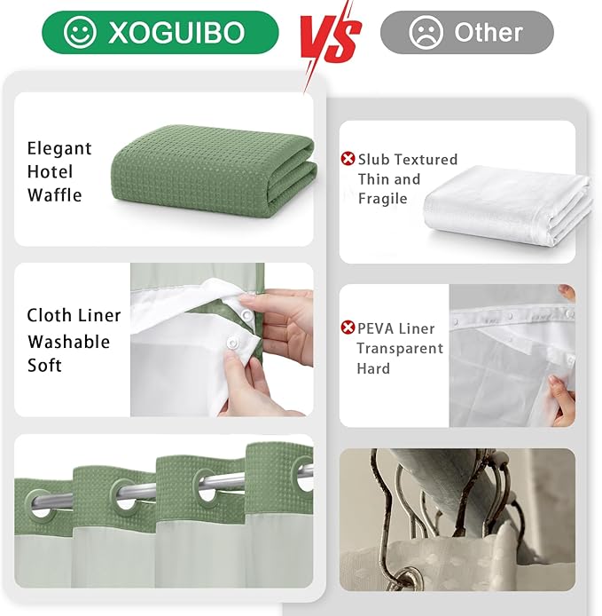 No Hook Shower Curtain and Liner Set,Hotel Waffle Shower Curtain with Liner 75" L x 72" W Green - Image 5