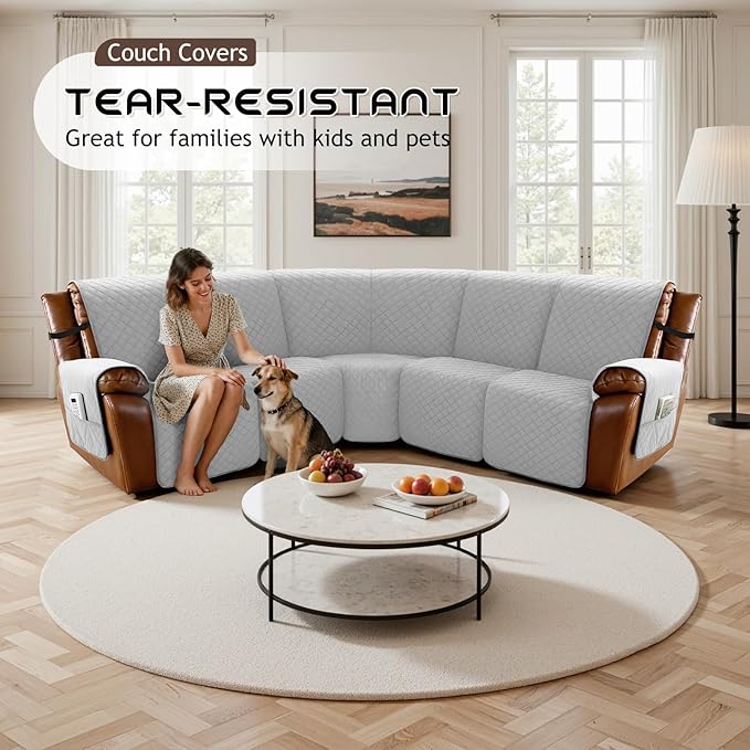 Arfntevss Waterproof Recliner Sectional Couch Covers for Reclining Sectional L Shape Sofa Cover Non Slip Washable Recliner L Shaped Slipcover Dog Additional Seat Protector (1 Seat Cover, Dove Gray) - Image 7