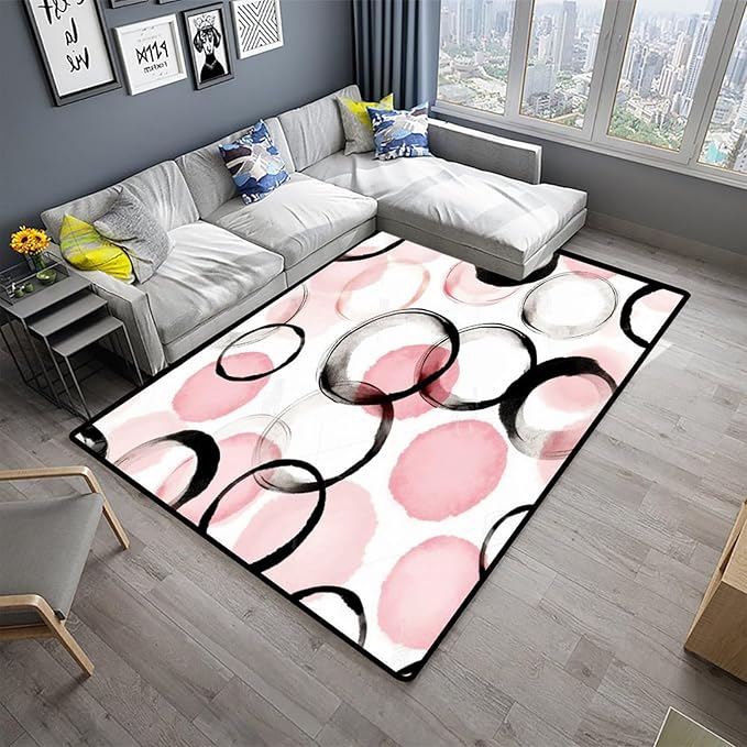 Watercolor Pink Circle Printed Patterns Floor Covering - Foldable Area Rug, Fade, Flame, Quick Dry, Stain Resistant, Waterproof Carpet for Living Room Bedroom, 48 x 72 Inch - Image 2