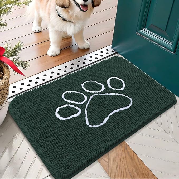 OLANLY Dog Door Mat for Muddy Paws 24x16, Paw Print Design, Absorbs Moisture and Dirt, Absorbent Non-Slip Washable Doormat, Quick Dry Chenille Mud Mat, Entry Indoor Entryway Carpet, Blackish Green by OLANLY