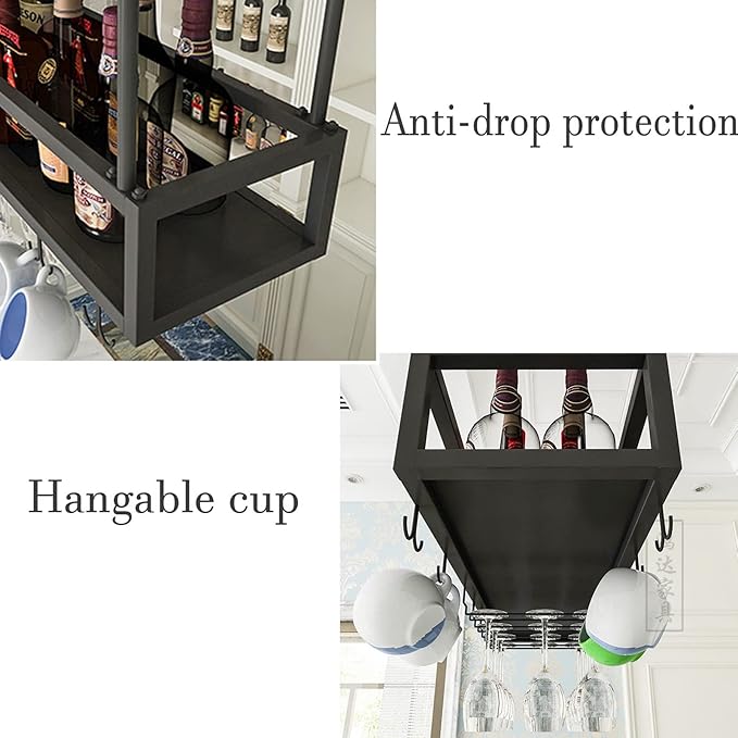 Hanging Black Wine Glass Holder Metal Wine Bottle Rack for Kitchen Bar Upside Down Stemware nizer Under Cabinet 60 x 25 x 21 cm - Stylish Ceiling Storage Solution - Image 7