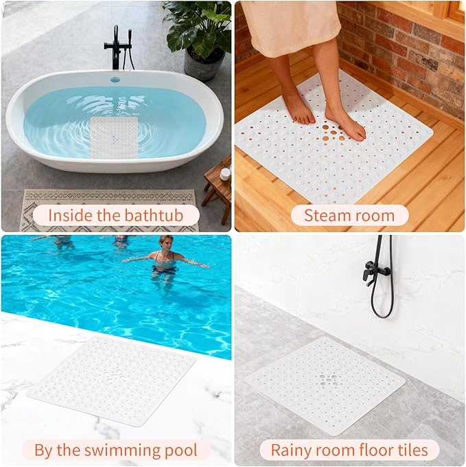 Anti-Slip Bathtub Shower mat, 20.8×20.8（Approximately 53×53cm） inch Soft Oversized Machine Washable Non-Slip Bathtub mat with Drainage Holes, Bathroom Floor Suction Cup.（1-Opaque White） - Image 6