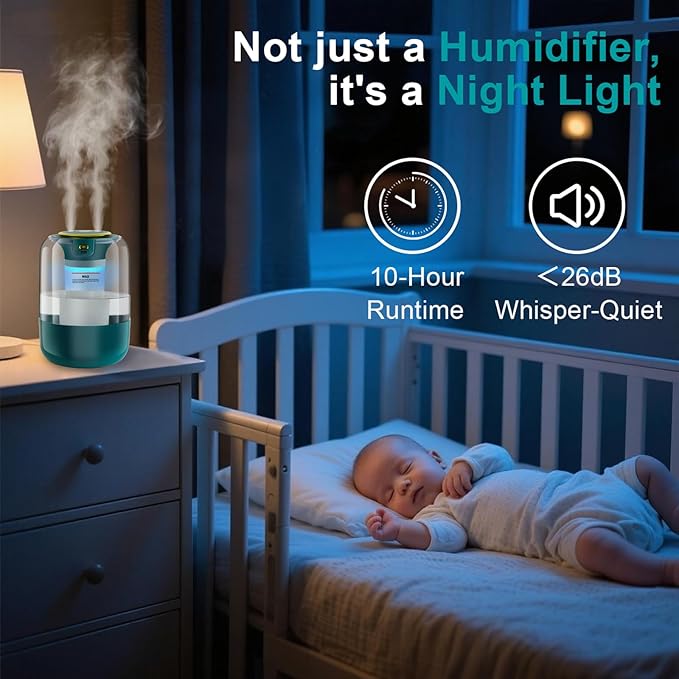 Humidifier with Double Nozzle, 2.2L Humidifiers for Bedroom, 26dB Quiet Dual Spray Cold Mist Humidifier for Plants, Office, and Home Baby Nursery, 3 Gear and Night Light, Easy to Fill & Clean - Image 4