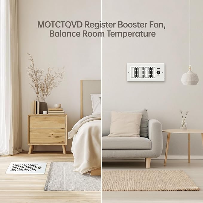 Register Vent Booster Fan for 4” x 10” Register Holes, Register Booster Fan with Remote Control & Thermostat Control, Improves Heating & Cooling Vents, Quiet 10-Speeds, Pure White - Image 2