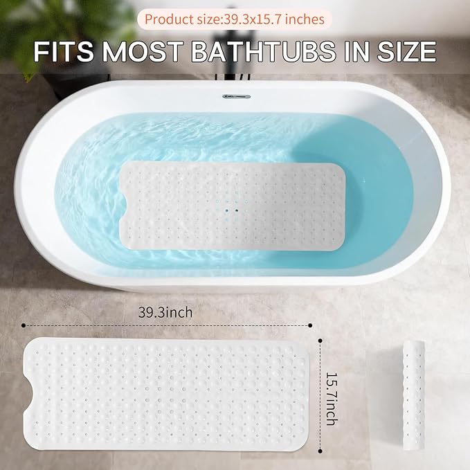 Anti-Slip Bathtub Shower mat, 39.3×15.7 inch（Approximately 100 × 40cm） Soft Oversized Machine Washable Non-Slip Bathtub mat with Drainage Holes, Bathroom Floor Suction Cup.（1-Opaque White） - Image 3