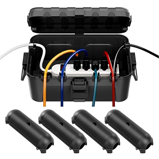 RESTMO 5-Piece Outdoor Waterproof Electrical Box Set – 12.5" x 8.5" x 5" Large & 7.1" x 2.3" x 2.3" Small, Weatherproof Boxes for Power Strip, Outlet, Plug, Socket, Timer, Holiday Light, Black by Restmo