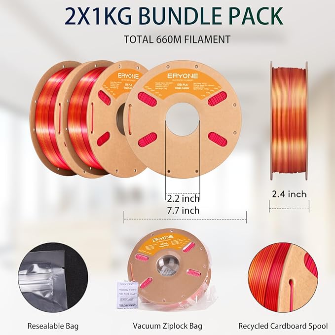 ERYONE Silk Dual Color PLA Filament 3D Printer 1.75mm +/- 0.03mm, Bicolor Filament Two Tone PLA Bundle 2KG Cardboard Spool, Red Gold - Image 6