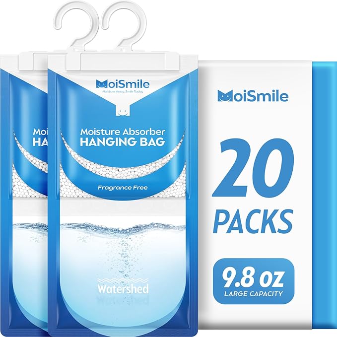 Moisture Absorbers 20 Pack Fragrance Free, Hanging Closet Dehumidifier Bags, Humidity Absorber, Compact Eliminates Odors Humidity Packs for Car, Bathroom, Bedroom, Basement, 9.8OZ by MoistureAbsorbers