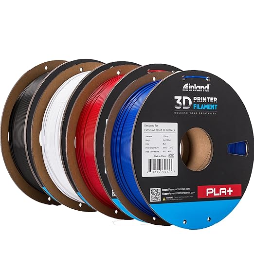 INLAND Micro Center PLA+ 3D Printing Filament 1.75mm - PLA Pro Dimensional Accuracy +/- 0.03 mm - 1kg Cardboard Spool (2.2 lbs) (4 Pack Black, White, True Red, Blue, 1.75mm) by INLAND