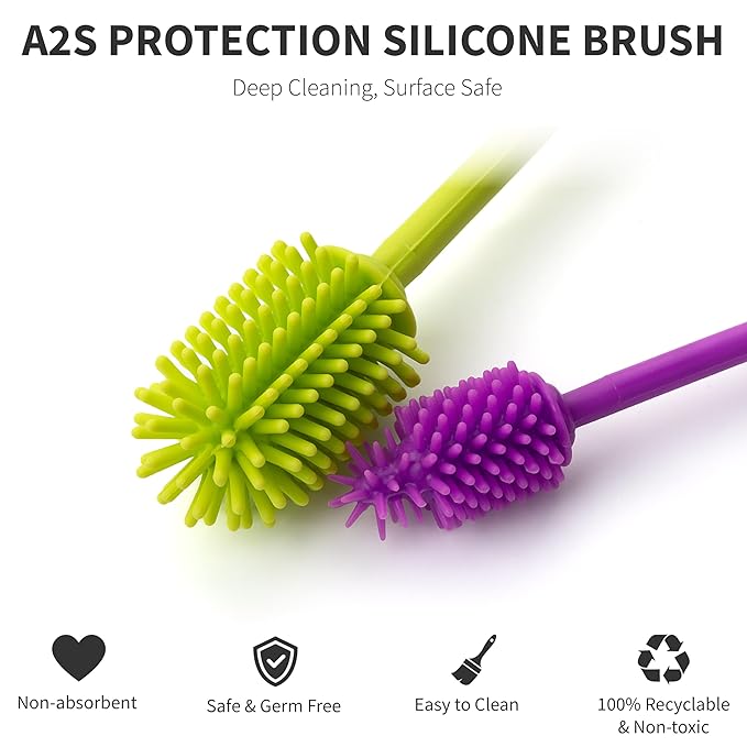 A-Brush Silicone Bottle Cleaner Brush, 2 Piece Set, Flexible, Long Handle - Water Bottle Cleaner, Baby Bottle Nipple Brush for Plastic & Glass, BPA-Free Dish Washing Brush A2S Protection - Image 4
