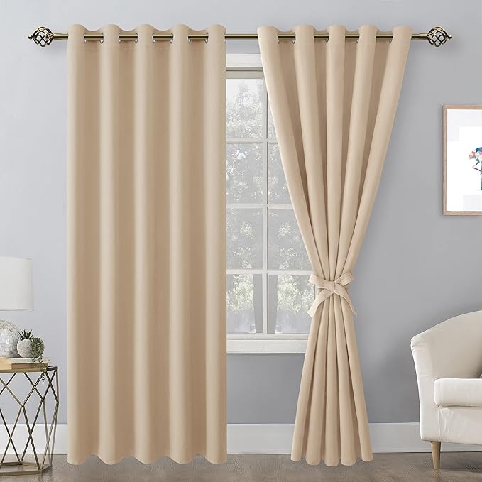 Hiasan Blackout Curtains for Bedroom, 60 x 84 Inches Long - Thermal Insulated & Energy Saving Window Curtains for Living Room, 2 Drape Panels Sewn with Tiebacks, Beige - Image 2
