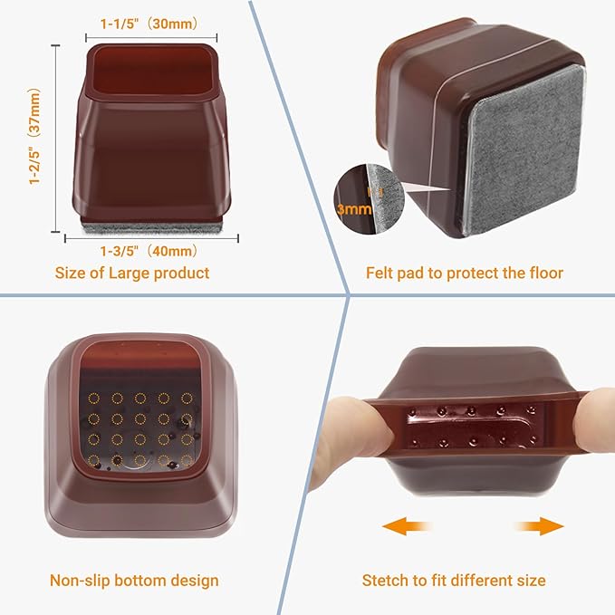 36Pcs Brown Square Chair Leg Floor Protectors, High Elastic Felt Furniture Pads for Hardwood Floors, Silicone Floor Protectors for Chairs, Chair Leg Caps Covers Socks(Large) - Image 5