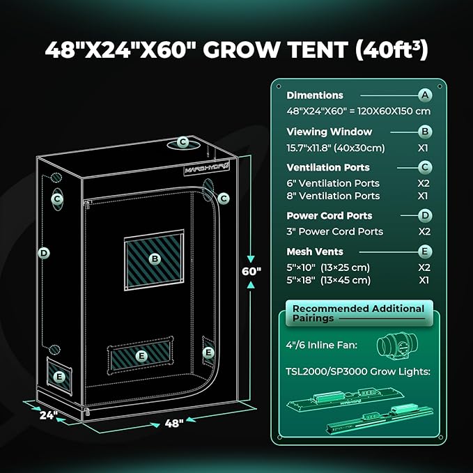 MARS HYDRO 4x2x6 Advanced Grow Tent, 48"x24"x71" High Reflective Mylar 1680D for Hydroponics Indoor Plant Growing, with Observation Window,Floor Tray and Smooth Zipper for TSL2000/SP3000 - Image 9