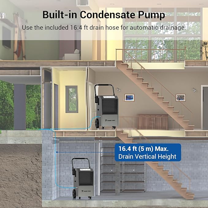 Traver Force Commercial Dehumidifier, 140 Pint Large Dehumidifier with Pump Drain Hose, Up to 5,000 sq. ft, for Crawl Space, Basement, Warehouse, Water Damage Restoration, Job Sites - Image 5