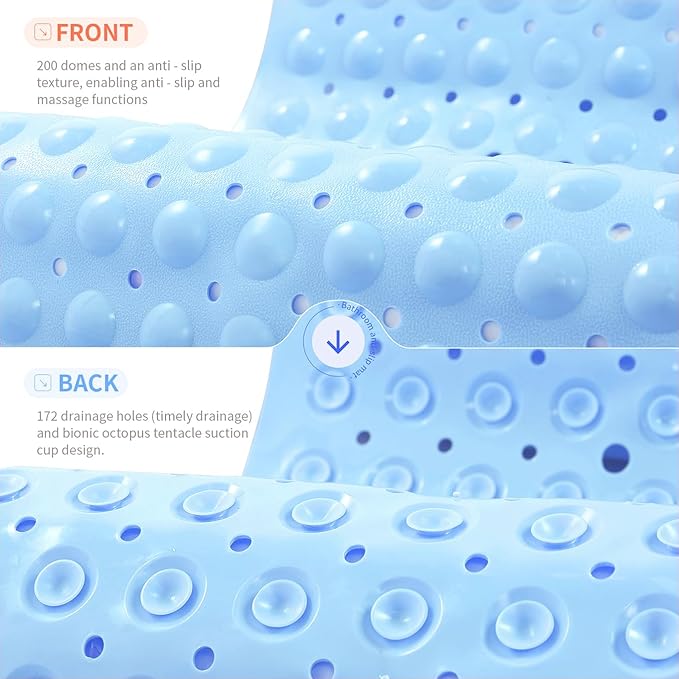 Anti-Slip Bathtub Shower mat, 39.3×15.7 inch（Approximately 100 × 40cm） Soft Oversized Machine Washable Non-Slip Bathtub mat with Drainage Holes, Bathroom Floor Suction Cup.（1-Opaque Light Blue） - Image 2