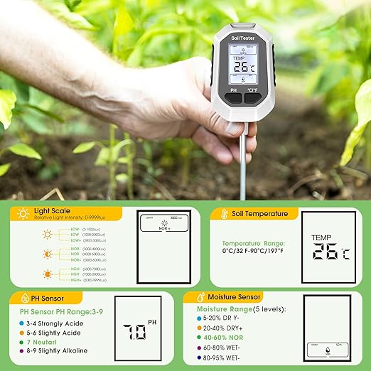4-in-1 Soil Moisture Meter, Digital Plant Temperature/Soil Moisture Test & PH Meter/Sunlight Intensity, Backlight LCD Display for Gardening, Farming and Outdoor Plants - Image 3