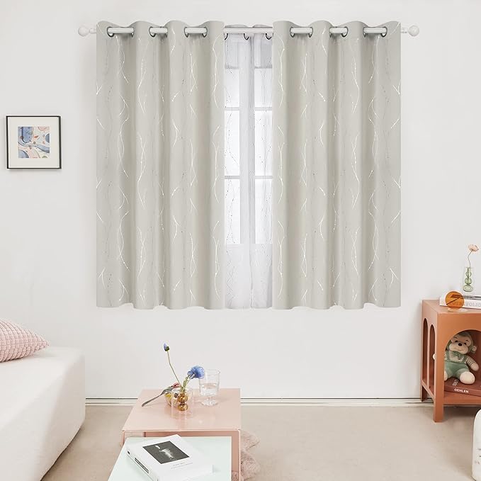 Deconovo Beige Blackout Curtains, Room Darkening Curtain, Thermal Insulated Soundproof Drapes, Silver Wave Dots Print, 52 x 45 Inch, Machine Washable Window Panels for Living Room Bedroom, Set of 2 - Image 2