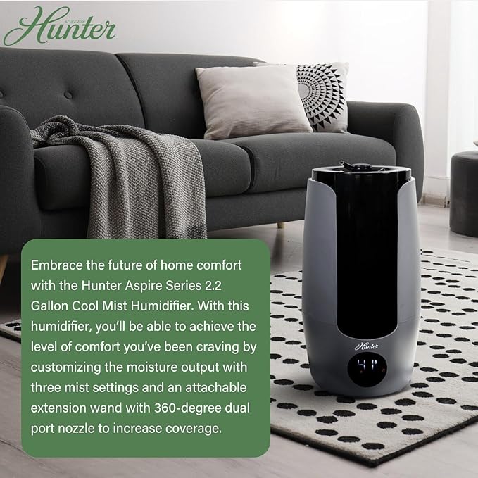 Hunter HHU400 Ultrasonic Humidifier - Vibration Technology Air Humidifier w/Long Lasting Mist for Large Spaces - Hunter Humidifiers for Bedroom Extension Wand & 360 Degree Nozzle, 2.19 Gal. Graphite - Image 9