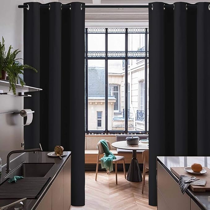 RYB HOME Black Curtain Dividers - Blackout Curtains Portable Privacy Window Treatment Panels Winter Wind Summer Heat Insulating Drapes for Living Room Bedroom Patio Door, Black,1 Pc, W 60 x L 84 inch - Image 2