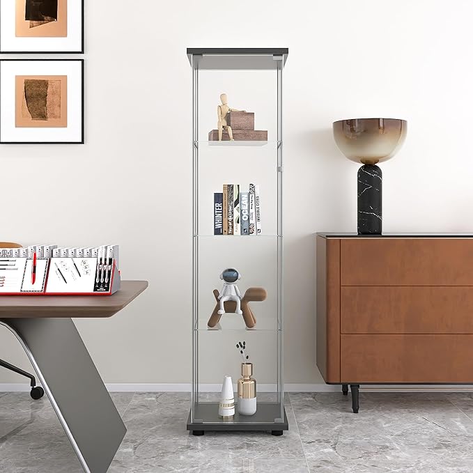 Yoluckea 4 Shelves Glass Display Cabinet with Door, Curio Collection Glass Display Case for Home Office, Floor Standing Bookshelf Corner Cabinet for Book, Toys, Glory(Black) - Image 3