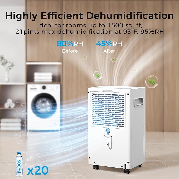 1500 Sq.ft Dehumidifier for Basement, SEAVON 21 Pint Dehumidifiers with Drain Hose for Home Large Room Bedroom Bathroom, Powerful Moisture Removal, Smart Humidity Control & Display, 24H Timer, 3 Mode - Image 2