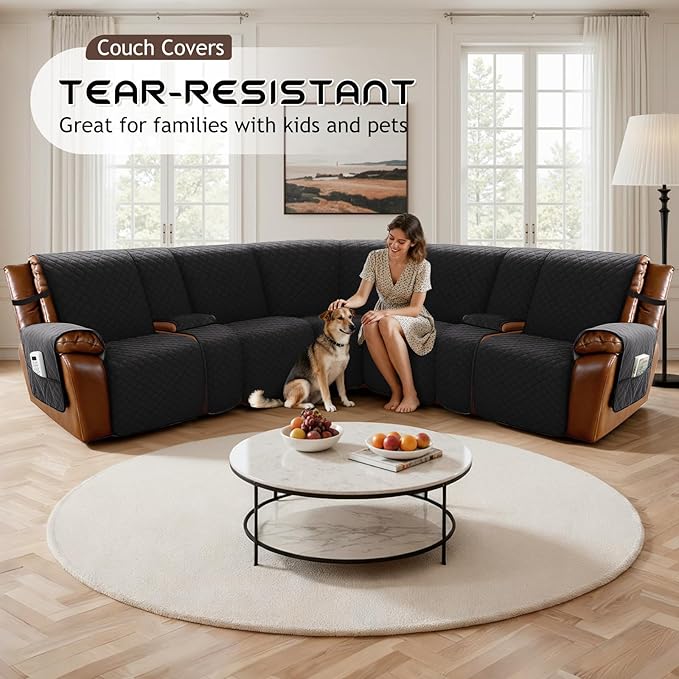 Arfntevss Waterproof Recliner Sectional Couch Covers for Reclining L Shape Sofa Cover Non Slip Washable L Shaped Slipcover Sets for Dog Furniture Protector (5 Seat with 2 Console Cover, Black) - Image 7