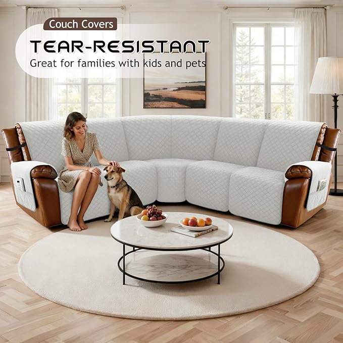 Arfntevss Waterproof Recliner Sectional Couch Covers for Reclining Sectional L Shape Sofa Cover Non Slip Washable Recliner L Shaped Slipcover Sets for Dog Furniture Protector (5 Seater, Light Gray) - Image 7