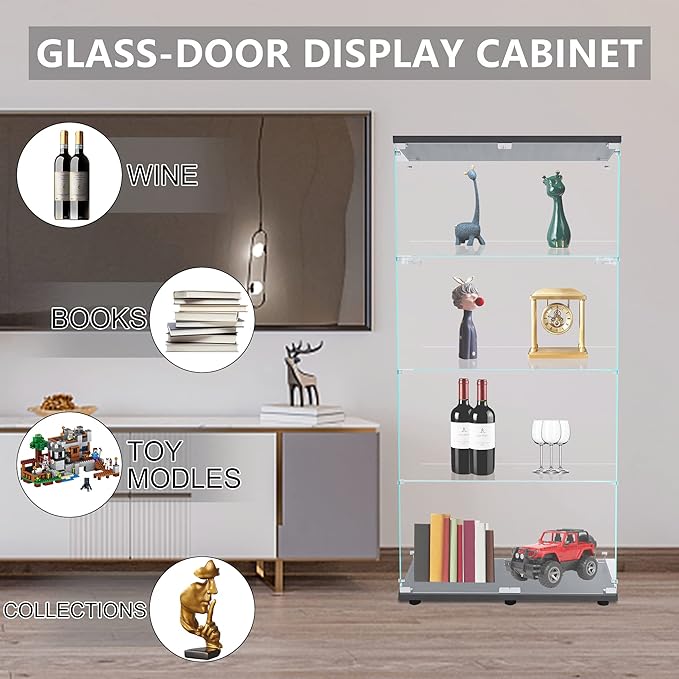 Yoluckea 4 Shelves Glass Display Cabinet with 2 Doors, Curio Collection Glass Display Case for Home Office, Floor Standing Bookshelf Corner Cabinet for Book, Toys, Glory (Black) - Image 6