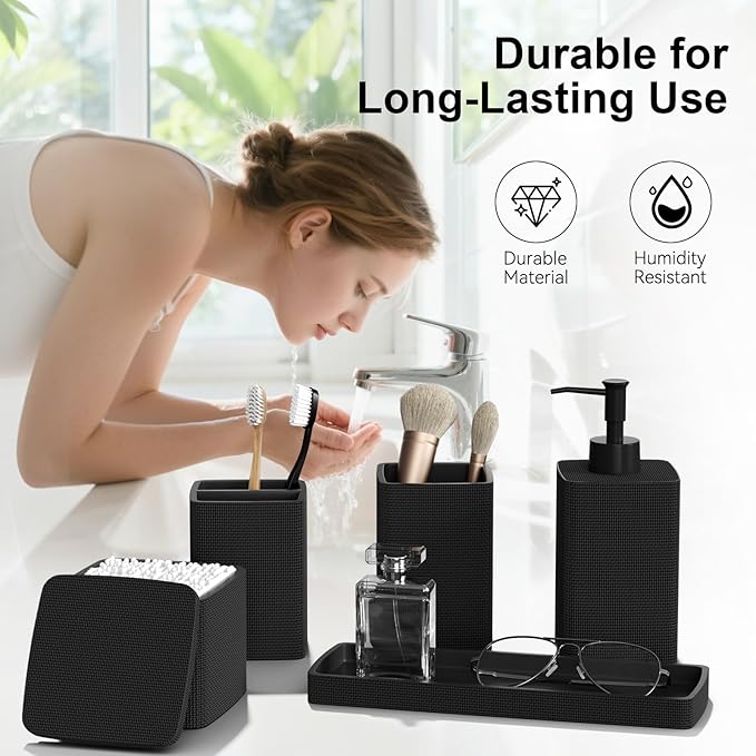 Matte Black Bathroom Accessories Set 5 Pieces, Resin Toothbrush Holders Set Complete with Soap Dispenser, Toothbrush Holder, Vanity Tray, Bathroom Tumbler and Qtip Holder for Small Spaces - Image 3