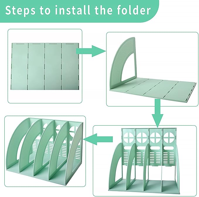 SAYEEC Sturdy Magazine Holder 4 Compartments Plastic Desktop File Organizer File Dividers Office Organizer Storage Document Magaizne Rack Display Box (Green) - Image 6