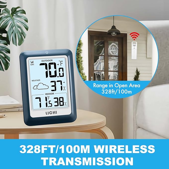 Indoor Outdoor Thermometer Wireless Weather Station, Internal External Thermometer Hygrometer, Home Batteryoperated Temperature Humiditymonitors330 Feet (About 100 Meters) Backlight Display (Blue) - Image 4
