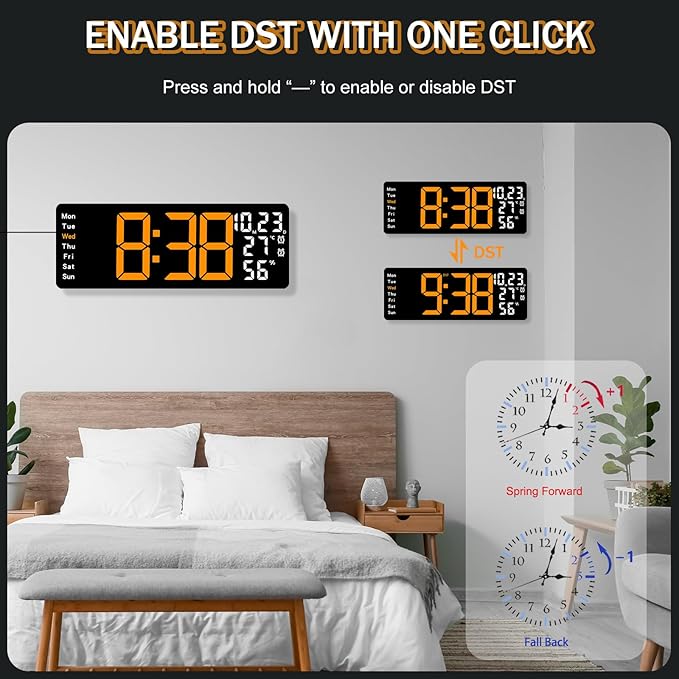 JoFomp 17.3" Large Digital Wall Clock, LED Digital Clock Large Display with Remote Control, Alarm Clock with Temp/DST/Dimmer/Humidity/Timer/Ambient Light - 12/24H, Alarm Wall Clock for Bedroom - Image 7
