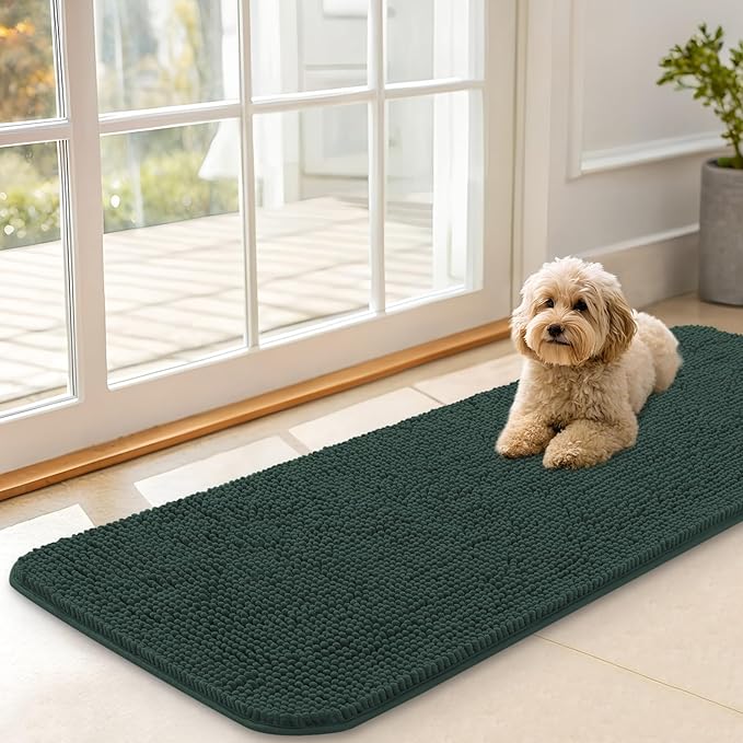 OLANLY Dog Door Mat for Muddy Paws 47x17, Absorbs Moisture and Dirt, Absorbent Non-Slip Washable Doormat, Quick Dry Chenille Mud Mat, Entry Indoor Entryway Carpet for Inside Floor, Blackish Green by OLANLY