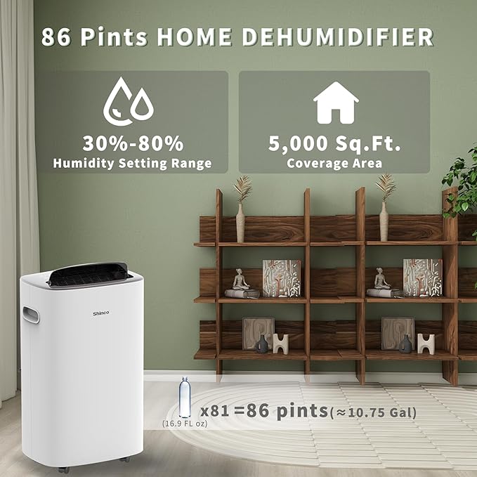 Shinco 86 Pints Dehumidifier for Home and Basements, 5000 Sq.Ft Dehumidifiers with Drain Hose, Auto or Manual Drainage, Auto Defrost, Quietly Remove Moisture, Intelligent Humidity Control, 24HR Timer - Image 2