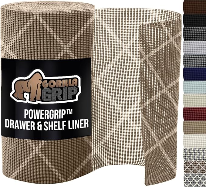 GORILLA GRIP powerGRIP Drawer Shelf and Cabinet Liner, Thick Strong Hold, Non-Adhesive Liners Protect Kitchen Cabinets and Cupboard, Bathroom Drawers, Easy Install, Breathable Mat, 12" x30', Beige by GorillaGrip