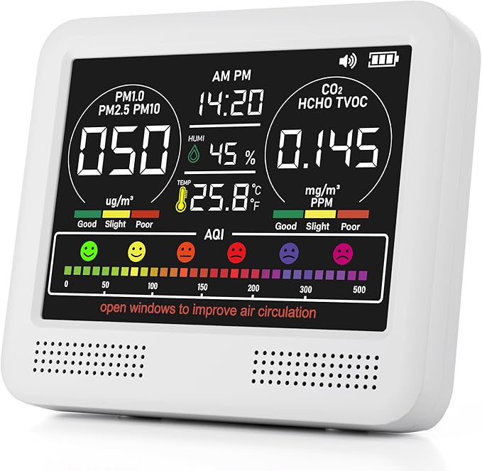 16-in-1 Indoor Air Quality Monitor with PM1.0,PM2.5,PM10,CO2,HCHO,TVOC,Temperature,Humidity,Time Display &7 AQI Alarms – Professional Air Quality Tester for Home, Office & Indoor Use (Creamy White) by Unknown