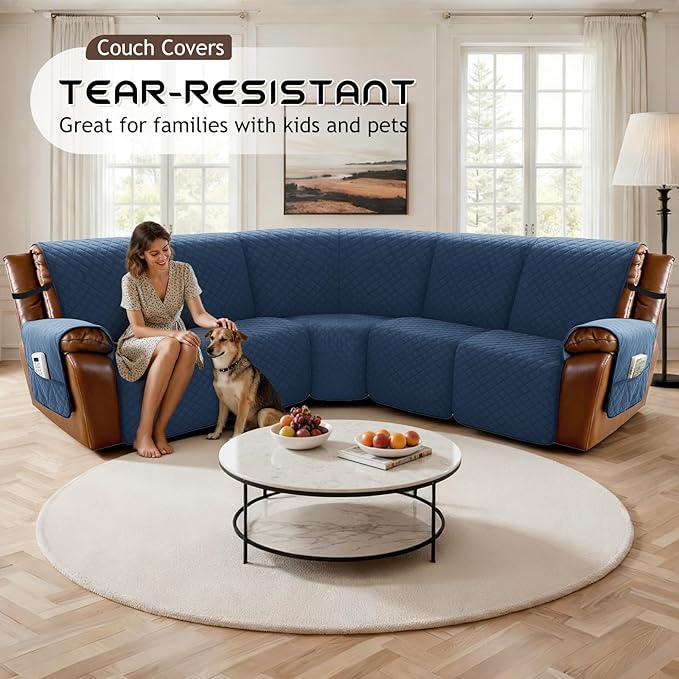 Arfntevss Waterproof Recliner Sectional Couch Covers for Reclining Sectional L Shape Sofa Cover Non Slip Washable Recliner L Shaped Slipcover Sets for Dog Furniture Protector (5 Seater, Dark Blue) - Image 7