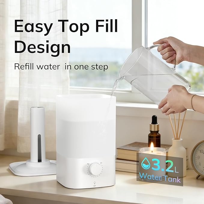 ZAFRO 3.2L Cool Mist Humidifier for Bedroom, 360° Adjustable Nozzle & 7 Color LED Night Light, Top Fill Design & Multiple Mist Levels, 24 dB Quiet Ultrasonic Comfort Humidifiers, White - Image 3