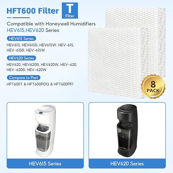 8-Pack HFT600 Humidifier Replacement Wicking Filter T for Honeywell Hev615 Hev620 Humidifier, Compatible with Honeywell HFT600 Humidifier Filter T, Replace Part# HFT600T HFT600PDQ - Image 2