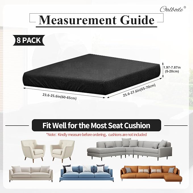 8Pcs Outdoor Stretch Cushion Covers,Waterproof Outdoor Chair Cushion Covers for Patio Furniture, Washable Jacquard Couch Covers Replacement for Patio Furniture(Black, Cover Only) - Image 2