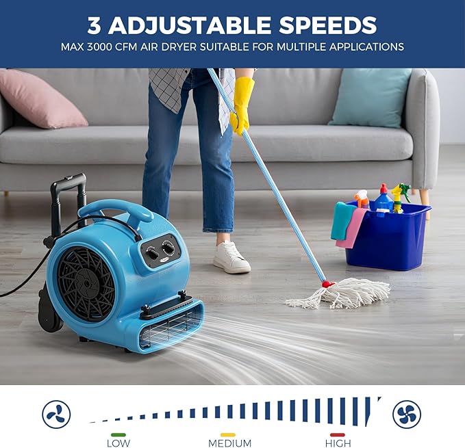 ALORAIR 3000 CFM Air Mover Blower Fan for Industrial, Floor Drying Fan, Carpet Dryer - Timer, Handle Wheelkit, Carpet Buckles, Stackable, for Water Damage Restoration and Plumbing - GE3000HTC - Image 2