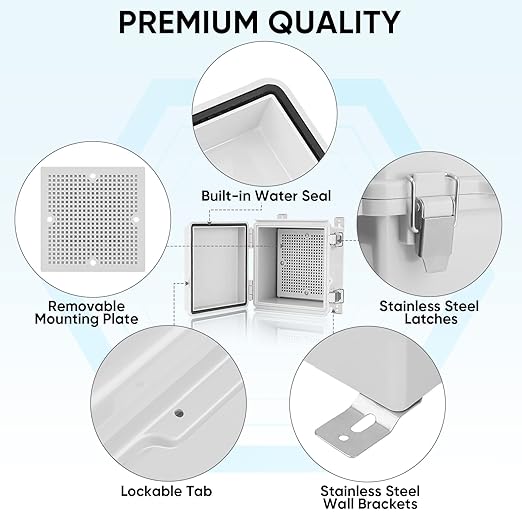 TICONN Waterproof Electrical Junction Box IP67 ABS Plastic Enclosure with Hinged Cover with Mounting Plate, Wall Brackets, Cable Glands (Off-White, 5.9"x5.9"x3.5") - Image 5