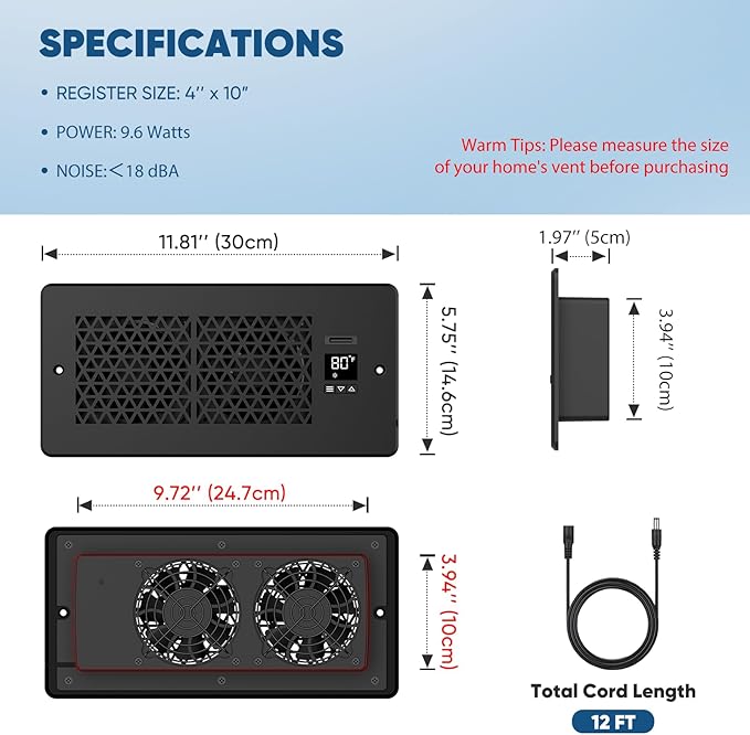 Register Booster Fan for 4" x 10" Register Holes with Remote Control and Thermostat, 10-Speeds Floor Vent Fans Booster - Enhances AC Heating&Cooling Airflow, Quiet Air Duct Fan for Wall, Black - Image 2