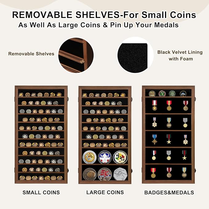 Jinchuan Military Challenge Coin Display Case Lockable Cabinet Rack Shadow Box with Removable 2 Grooves Shelves and Anti Fade Acrylic Glass for Casino Poker Chips Collectibles, Extra Large - Walnut - Image 4
