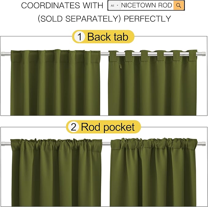 NICETOWN Bedroom Curtains Blackout Draperies Panels - (Olive Green) 52 inches x 54 inches, Double Panels, Thermal Insulated Rod Pocket/Back Tab Blackout Curtains for Christmas Window - Image 4