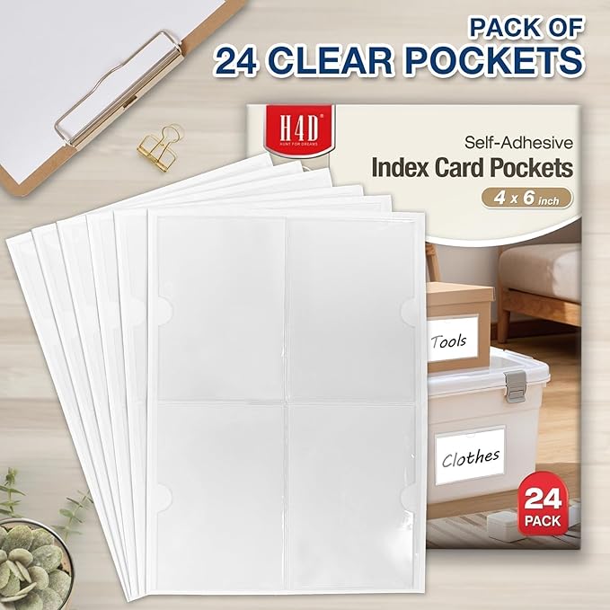 H4D 24 Pack Labels for Storage Bins, 4" x 6" Plastic Clear Adhesive Index Card Holders, Tote Label Pockets for Organizing Storage, Library Card, Shelves - Image 2