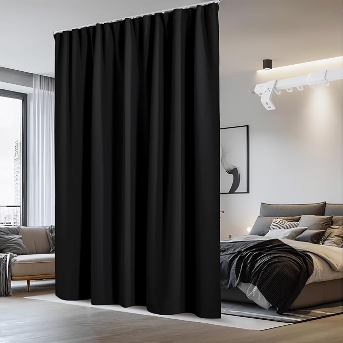 NICETOWN Room Divider Curtain with Adjustable Ceiling Track, W100 x L84 Blackout Curtain for Sliding Door, Ceiling Mouted Drape for Living Room/Hospital Divider, 1 Panel Black Drape, Whtie Track by NICETOWN